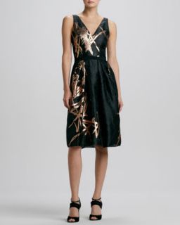 Womens Metallic Twig Print Jacquard Dress   Carolina Herrera   Black (6)