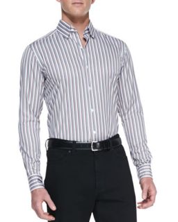 Mens Long Sleeve Graded Striped Shirt, Rust/Gray/White   Ermenegildo Zegna  