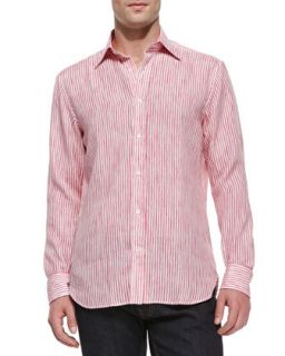 Mens Striped Button Down Linen Shirt, Pink   Culturata   Pink (XL)