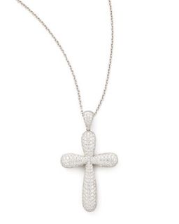 18k White Gold Large Pave Diamond Cross Pendant Necklace, 4.81ct   NM Diamond  