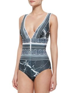 Womens Etched Marble Zip One Piece Swimsuit   Clover Canyon   Black (MEDIUM)