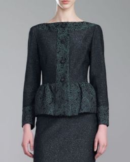 Womens Brocade Trim Shimmer Tweed Jacket, Green   St. John Collection   Kelly
