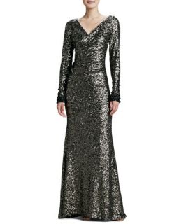 Womens Sequined Long Sleeve Ruched Gown   Badgley Mischka   Bronze (6)