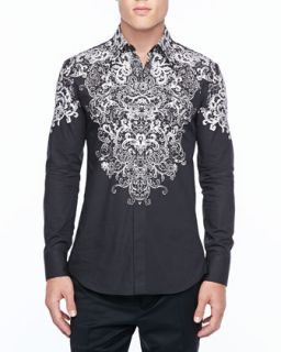 Mens Long Sleeve Shirt with Silver Lace Print, Black   Alexander McQueen  