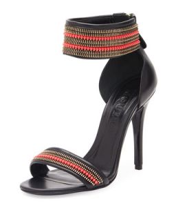 Zipper Trimmed Ankle Wrap Sandal, Black/Red   Alexander McQueen   Black/Red (38.