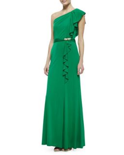 Womens One Shoulder Ruffle Jersey Gown, Green   David Meister   Green (6)
