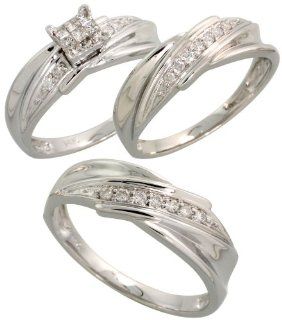 14k White Gold 3 Piece Trio His & Hers Wedding Band Set, w/ 0.35 Carat Brilliant Cut & Invisible Set Diamonds, 1/4 in. (6mm) wide, size 8 Jewelry