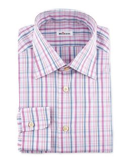 Mens Multi Check Dress Shirt, Pink/Purple   Kiton   Pink/Purple (43.0/17.0L)