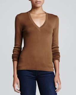 Womens V Neck Cashmere Sweater   Michael Kors   Saddle (X SMALL)