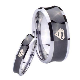 His & Her's Tungsten Superman Concave Black Two Tone Ring Set Size 4, 10 Jewelry