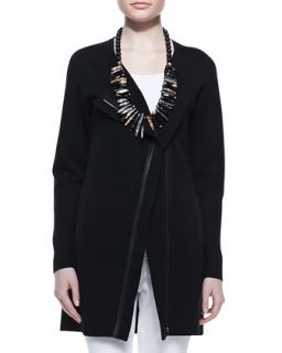 Leather Trim Long Jacket, Womens   Eileen Fisher   Black (2X (18/20))