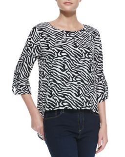 Womens Zebra Print Long Sleeve High Low Top   Dora Landa   Black/White (MEDIUM)