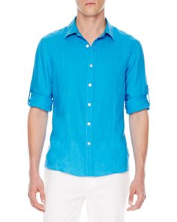 Mens Tab Sleeve Linen Shirt   Michael Kors   Blue (LARGE)