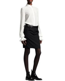 Womens Leather Belt Gabardine Skirt, Black   Saint Laurent   Nero (42/10)