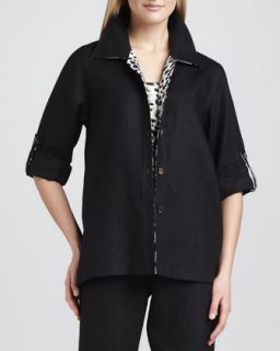 Womens Linen Combo Shirt, Petite   Caroline Rose   Black (PS (8P))