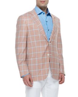 Mens Wool Plaid Sport Coat, Orange Check   Isaia   Orange (42/43L)
