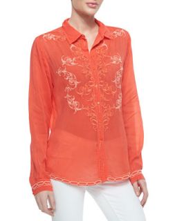 Taj Embroidered Long Sleeve Blouse, Womens   Johnny Was Collection   Papaya