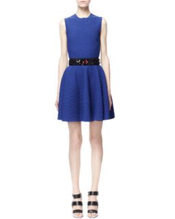Womens Crocodile Embossed Jacquard Fit and Flare Dress, Blue   Alexander