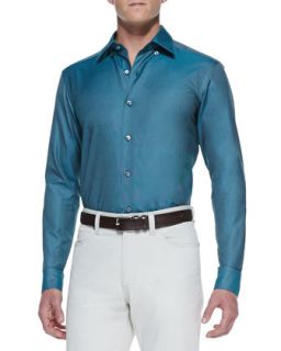 Mens Solid Color Cotton Sport Shirt, Teal   Ermenegildo Zegna   Emerald (XL)