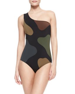 Womens Camouflage Print One Shoulder One Piece   Karla Colletto   Camo (8)