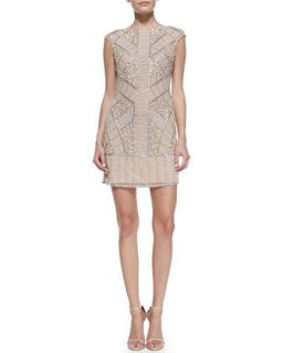 Womens Cap Sleeve Beaded & Sequined Cocktail Dress   Phoebe Couture   Bisque
