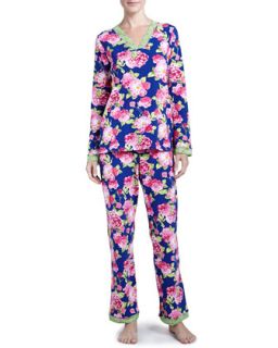 Womens Cabbage Rose Print Lace Trim Pajama Set   Bedhead   Navy (MEDIUM/8 10)