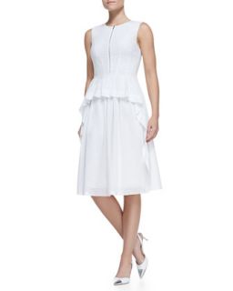 Womens Tiered Zip Front Cotton Peplum Dress   Lela Rose   White (12)