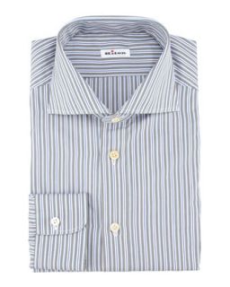 Mens Multi Striped Poplin Dress Shirt, Blue/White/Gray   Kiton   White (17)