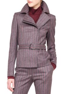 Womens Wool Flannel Pinstripe Moto Jacket   Akris   Cinnabar (38/8)
