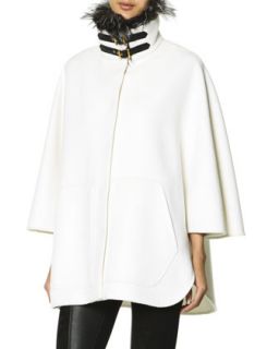 Womens Double Buckle Fur Trimmed Collar Coat, White   Emilio Pucci   Panna