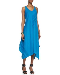 Womens Sleeveless V Neck Asymmetric Linen Dress, Petite   Eileen Fisher  