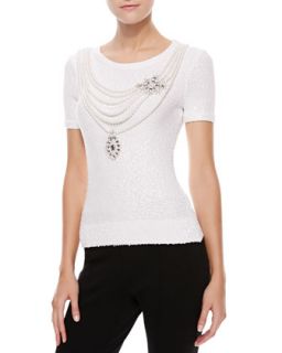 Womens Faux Pearl Embroidered Knit Top, White   Oscar de la Renta   White (X 