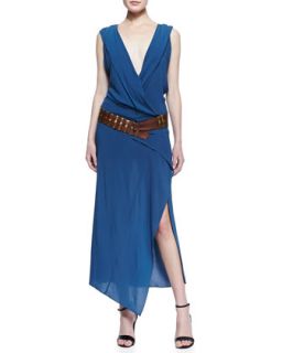 Womens Long Sleeveless V Neck Wrap Dress   Donna Karan   Old indigo (8)