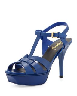 Tribute Mid Heel Leather Platform Sandal, Blue   Saint Laurent   Blue (12B)