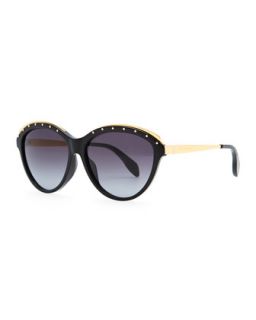 Studded Round Sunglasses, Black   Alexander McQueen   Black