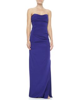 Womens Ruched Strapless Stretch Silk Gown   Nicole Miller   Electric blue (0)