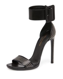 Studded Ankle Wrap Sandal with Oversize Buckle, Black   Saint Laurent   Black