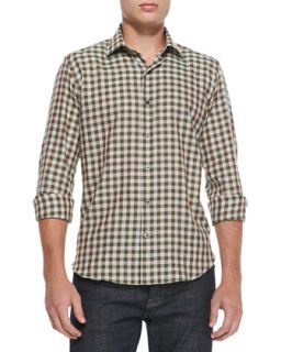 Mens Gingham Check Woven Shirt, Green/Gray   Culturata   Green (XL)