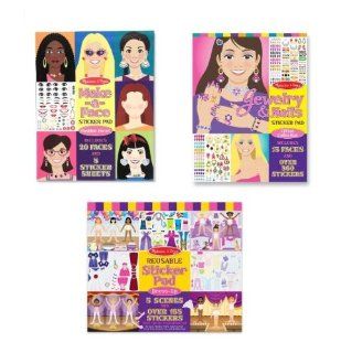 Melissa and Doug Bundle 3 Reusable Sticker Pads  Create a Face, Fashion Jewelry and Dress Up 