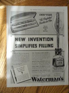 Waterman's Pen and Ink, Print ad. 10 1/2"x13 1/2" Illustration(new invention simplifies filling) Original Vintage 30's The Saturday Evening Post Magazine Illustration  
