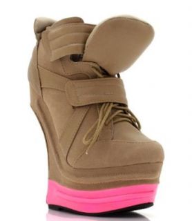 Harkins Taupe Wedge Fashion Sneakers Heel Less Platform High Top Booties Lace Up (6) Shoes