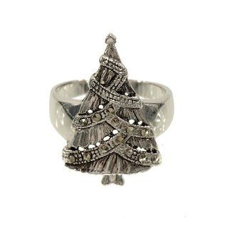 Antique Looking Silvertone Christmas Tree Fashion Ring With Garland of Genuine Marcasite Garlands For Christmas Jewelry
