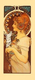 Lady Looking Left Side with Feather By Alphonse Mucha 12" X 27" Image Size Vintage Poster Reproduction. See Companion Piece Lady Looking Right   Prints