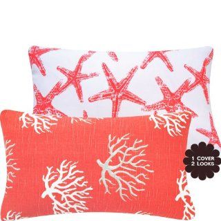 Wonders of the Seas Salmon Collection   12x20" Lumbar Sofa / Chair Decorative Pillow Cover   Beach, Sea, Coral and Star Fish   Bright Salmon Orange, White and Gray / Grey Hues   1 Cover, 2 Looks   Throw Pillow Covers