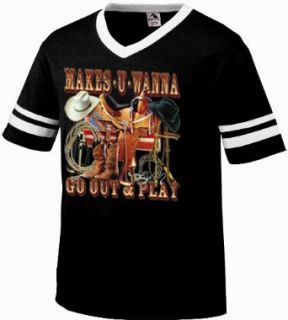 Makes U Wanna Go Out & Play Mens Cowboy Ringer T shirt, Cowboy Saddle Boots Spurs Hat and Lasso Design V neck Shirt Clothing