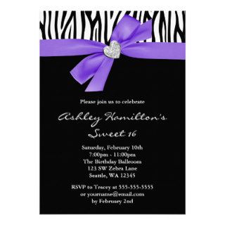 Purple Bow Diamond Heart Zebra Sweet 16 Invite