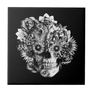 Floral ohm skull illustration in black/ white ceramic tile