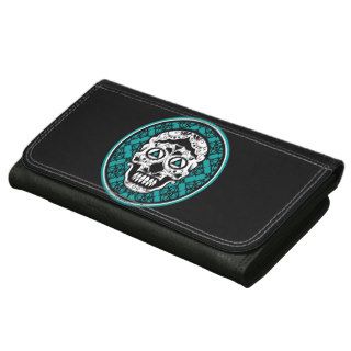 White Sugar skull style on black and Teal damask p Wallets