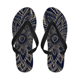 Cute Retro Gold Abstract Flower Drawing on Black Flip Flops