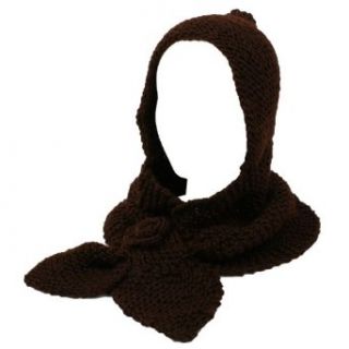Winter Crochet Floral Hand Knit Hooded Scarf Pullover Headscarf Hoodie Hat Brown